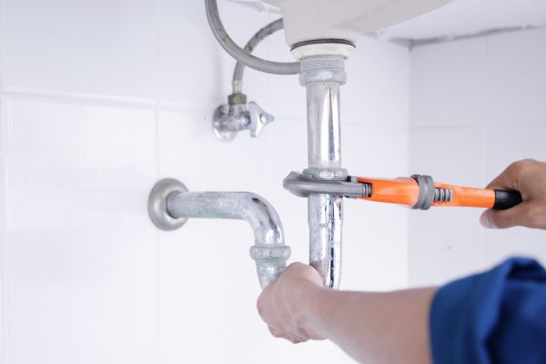Plumber working in the bathroom, plumbing repair service